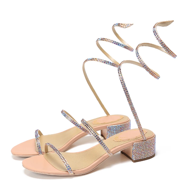 Summer Crystal Gladiator Sandals Women Open Toe Square Heels Sandals Women Fashion Party Dress Snake Strap Shoes