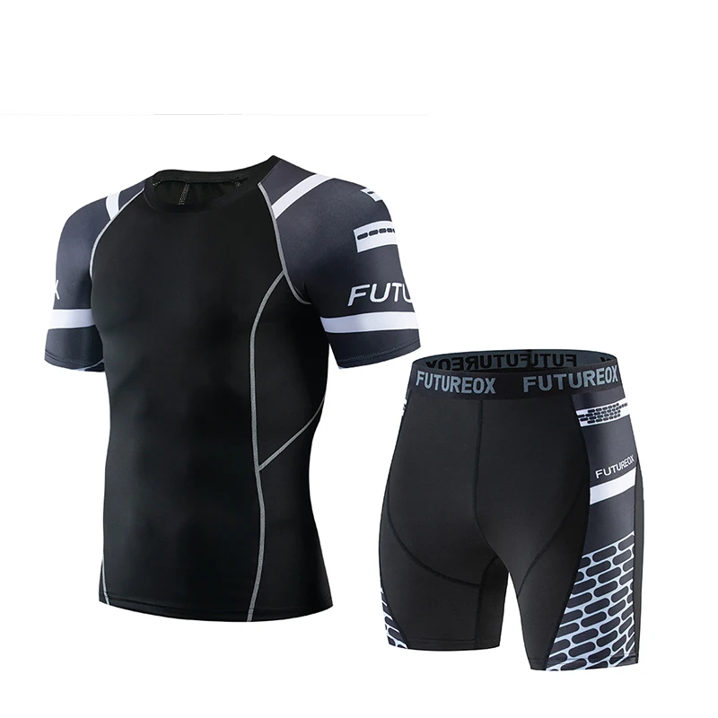 

Fitness compression shirt T-shirt short-sleeved + five-point shorts men's sportswear gym top clothing MMA men's busos