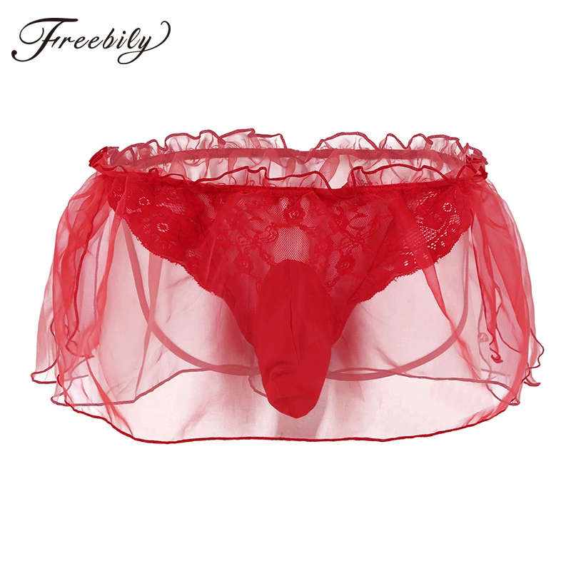 

New arrival Men Lingerie Lace Flower Organza G-string Bikini Underwear Underpants with Bulge Pouch String Homme Sissy Panties