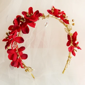 

Red Flower Gold Leaf Bride Crown Hair Ornaments Handmade Pink Wedding Bridal Hair Accessories Headband White Hairband For Women
