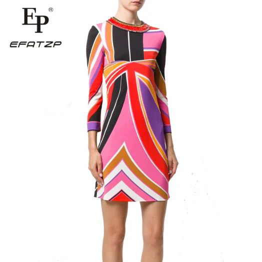 

EFATZP Newest Fashion 2018 Designer Dress Women's 3/4 Sleeve Colorful Geometric Print Stretch Jersey Silk belt XL XXL Day Dress