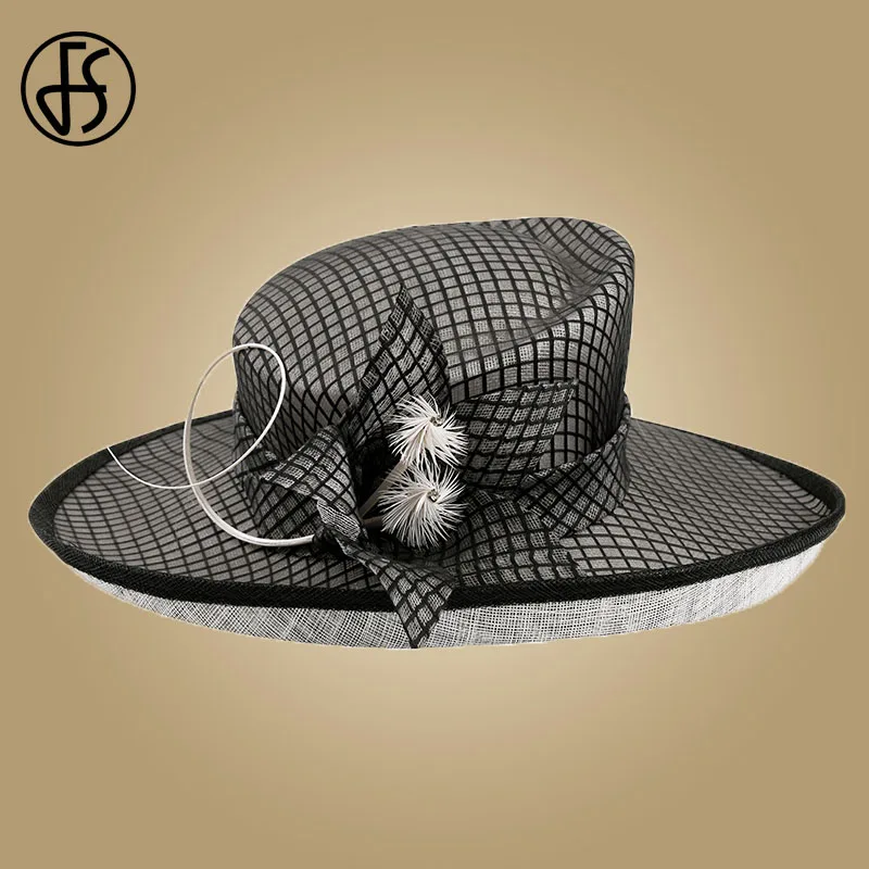 FS королевская черная шляпа федоры дамы Sinamay Кентукки шляпа котелок с широкими полями Свадебные церковные шляпы для женщин цветок чай вечерние шляпы