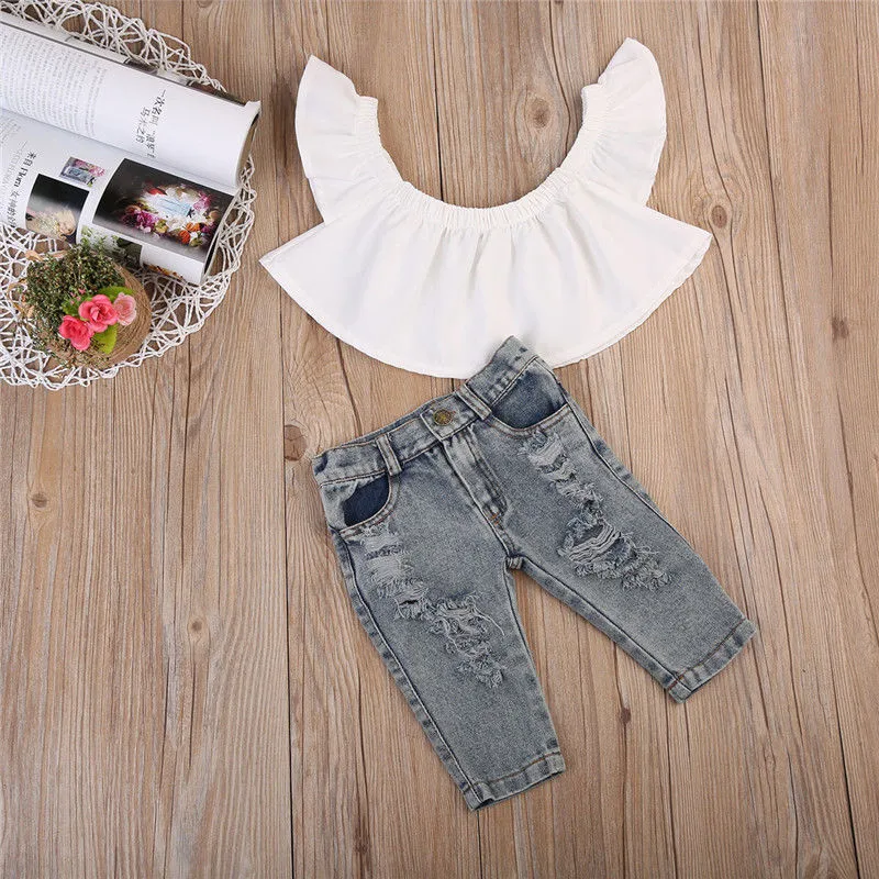 

Hot Sale Children Girls Summer Clothes Sets Newborn Baby Girls Flutter Off Shoulder Tops Holes Denim Pants Outfits Clothes
