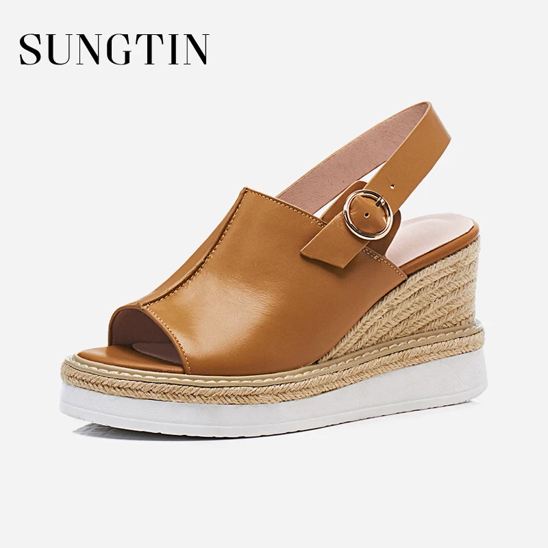 

Sungtin High Quality Women Wedges Sandals Summer Espadrilles Genuine Leather Open Toe High Heels Ladies Casual Platform Shoes