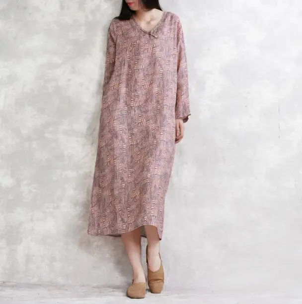 

Summer new women's linen vintage print V-Neck long sleeve dress S40