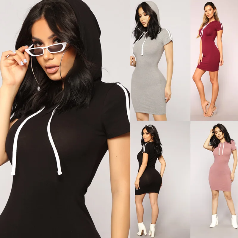 Summer Women Hoodies Hooded Bodycon Short Sleeve Sweatshirt Mini Dress