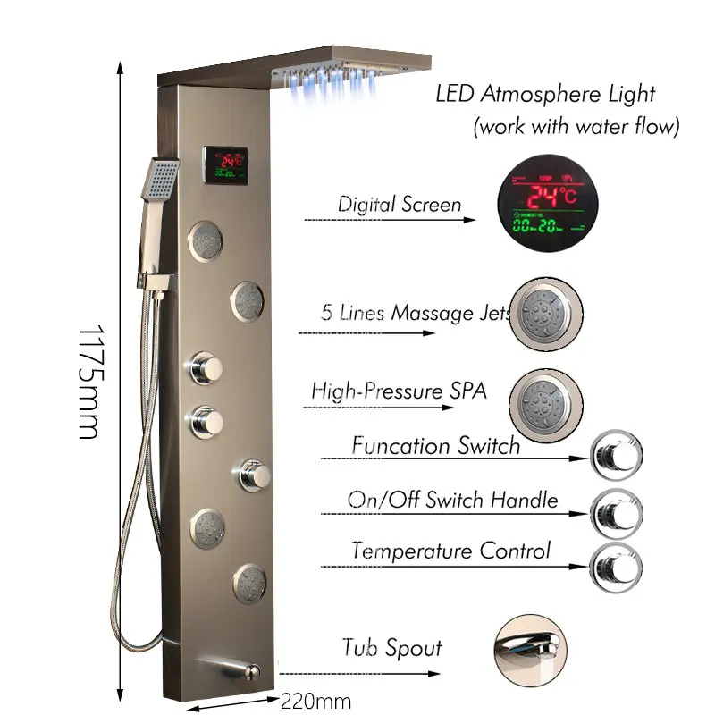 OUBONI никелевое с эффектом обработки щеткой душ с цифровым дисплеем панель Колонка светодиодный головка темно-серый душ с дождевой насадкой Спа струи для ванной смеситель для душа