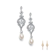 Célèbre Marque Conception Vintage Palais Style Ovale Perle Or Blanc Plaqué CZ Diamant Nuptiale De Longue Balancent Boucles D’oreilles Bijoux WE129