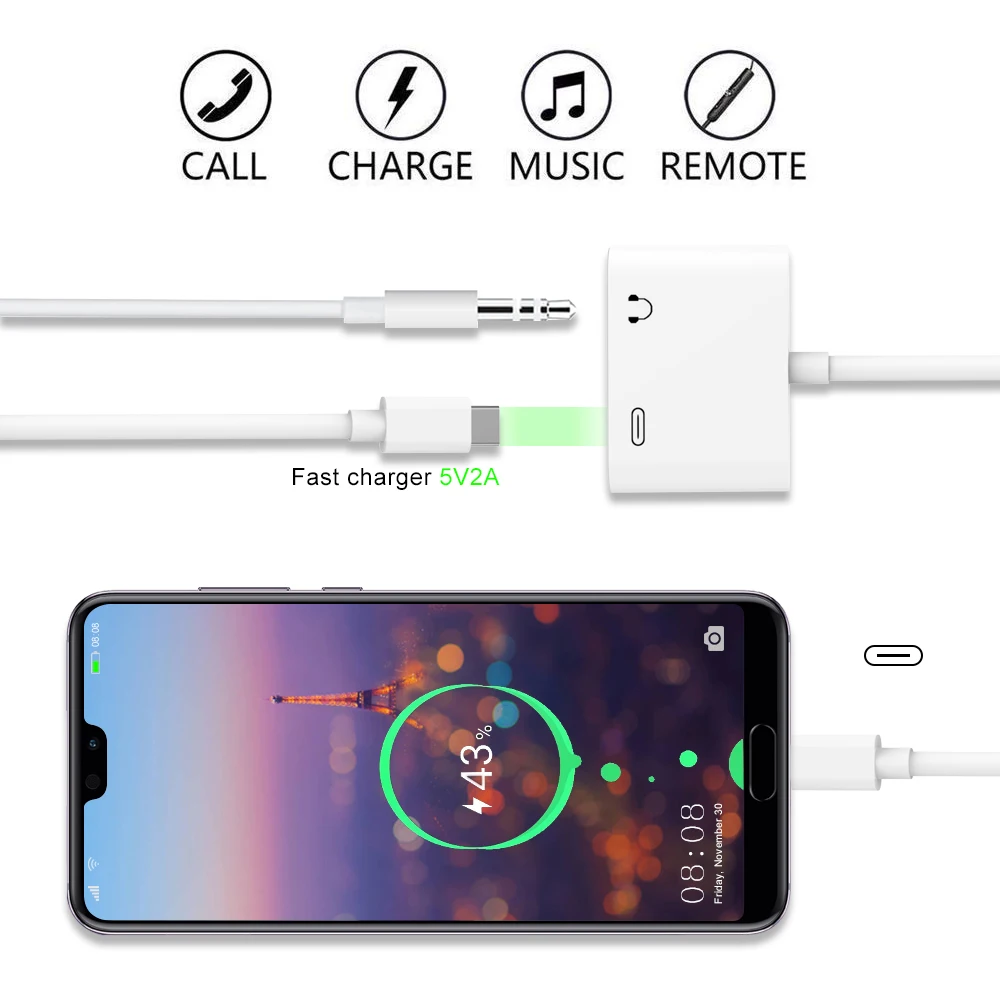 Ascromy 2 in 1 USB Type C to 3.5mm Headphone Female Cable Audio Adapter Splitter For Xiaomi Huawei Honor Samsung Type-C Phone (2)