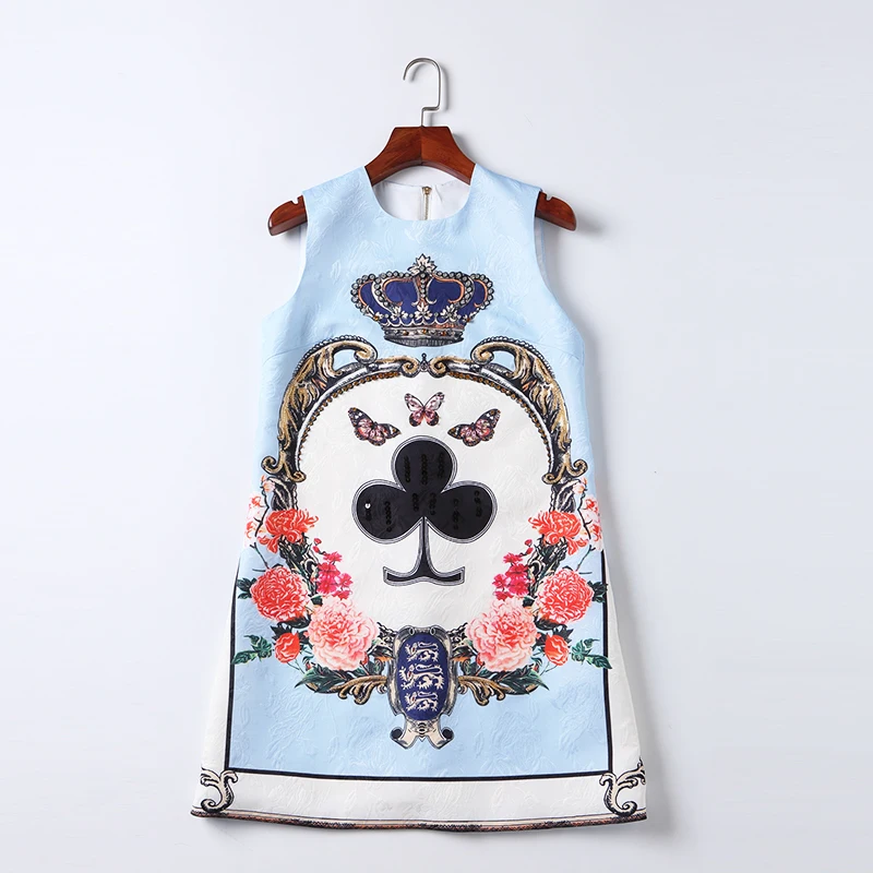 

Summer Dresses 2018 High Quality Women Designer Runway Dress O- Neck Sleeveless Printed Beading Mini Dress DX0596