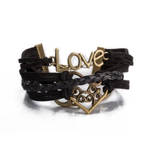 2017 Fashion Pulseira Woven Leather Bracelet Love Heart Alloy Bracelet Women Casual Personality Vintage Punk Bracelet Gift