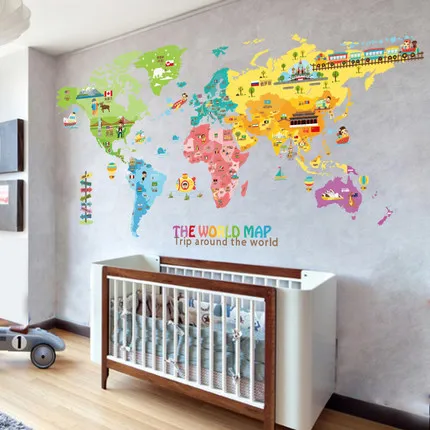 Billig 100*200CM Große Tier Welt Karte Wohnkultur Wand Aufkleber Cartoon Kinder Zimmer Nursery Home Decor Poster Drucke wand Kunst Bilder