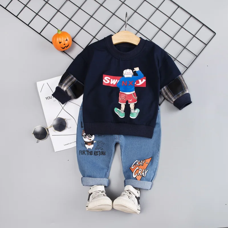 

Autumn Baby Boys Clothes Long Sleeve Cartoon Print Sweatshirt Tops+Denim Pants Trouser Kids Clothes Set