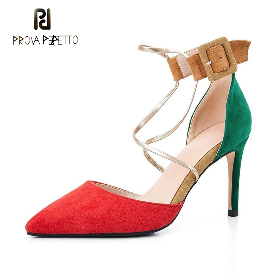 Sangle 2019 Boucle Talon Stiletto Pointu Cuir bling Perfetto Sandales Noir Suédé En Pompes Prova Sexy Bout Couleur Mélangée rouge Dames Haut Femmes Chaussures fSA7xn5