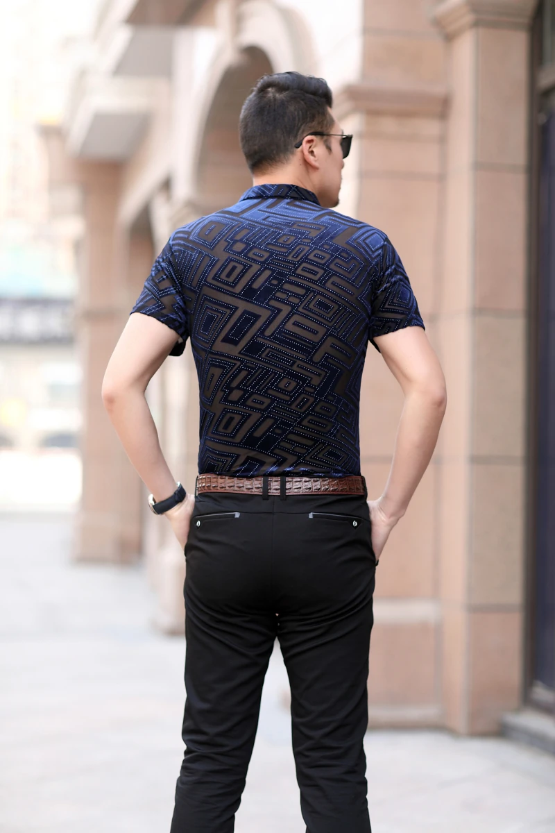 Нерегулярные решетки прозрачный короткий рукав рубашка Camisa Hombre модная уличная бархатная рубашка Гавайский человек Camisa соц