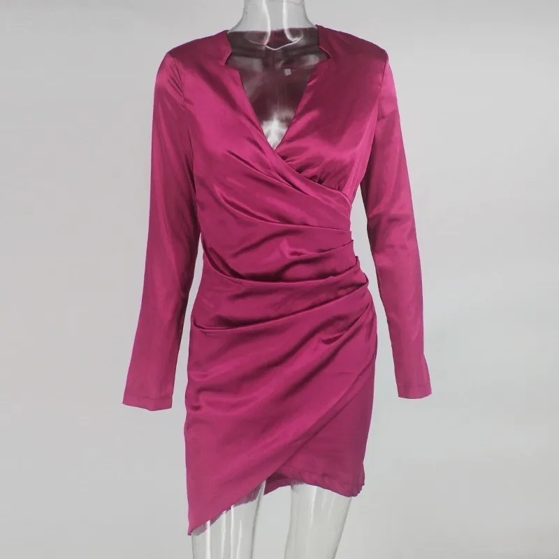 COSYGAL, сексуальное летнее платье, женское облегающее мини-платье с v-образным вырезом, женское элегантное Клубное платье с длинным рукавом, вечерние платья, уличная одежда, Vestidos - Цвет: Rose