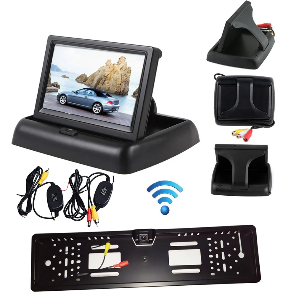 

4.3" Car LCD Foldable Monitor Rear View Kit + Wireless EU Car License Plate Frame Reversing Backup Parking 4 LED Camera