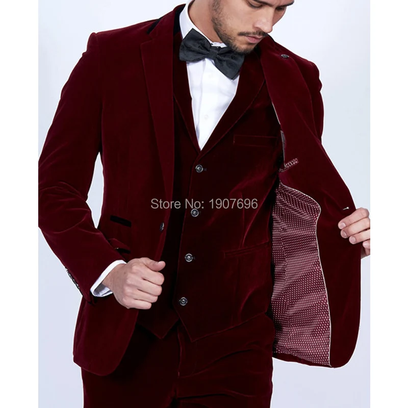 Burgundy Velvet Men Suits 2018 Slim Fit 3 Piece Blazer Tailor Made Wine Red Groom Prom Party Tuxedo Jacket Pants Vest