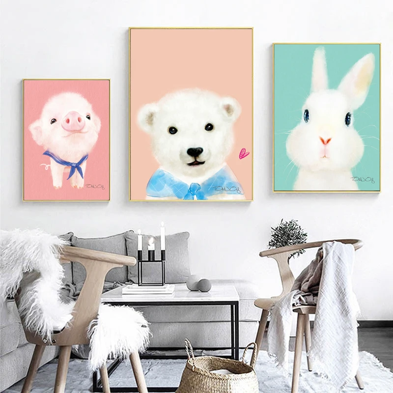 RELIABLI ART мультяшный медведь, кролик, Pengui, свинья плакаты на скандинавскую тему отпечатки на холсте Современные картины для украшения для детской комнате