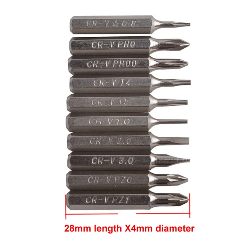 

Good Quality 10pcs Cr-V Driver Bit Set Including PH0,PH00,T4,T5,PZ0,PZ1,SL2,SL3,Point 1.0,Five-star Screw Bit: 0.8