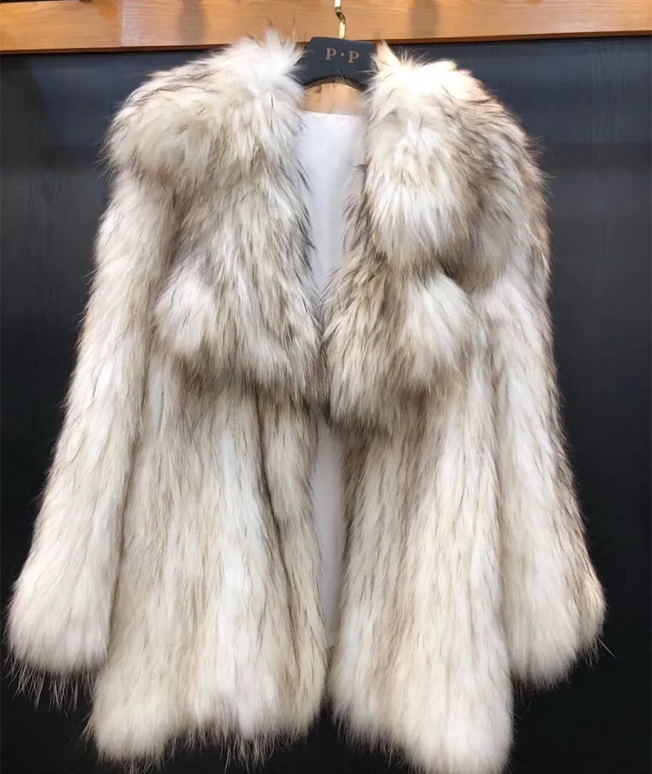 Length 75cm Women's Real Natural Fur Coats Autumn Winter Jacket Thick