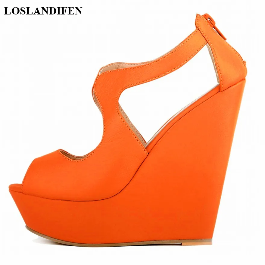 

Summer Back Zip Women's Peep Toe Soft Leather Wedges Sandals Sexy Cut-Outs High Heels Shoes Platform Fashion Dress Sandals Women