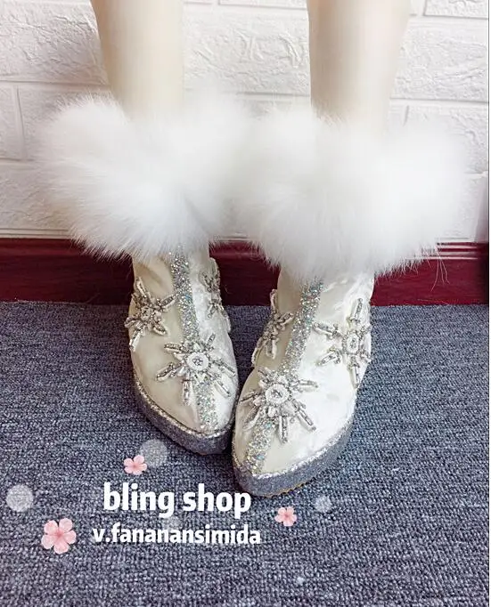 Boots increased fashion women's shoes heavy work real fox fur pointed lace rhinestone women's boots snow boots