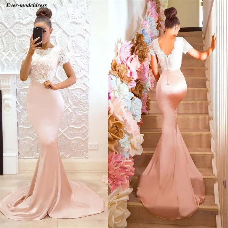 

Chic Arabic Mermaid Long Bridesmaid Dresses 2019 O-Neck Short Sleeves Lace Buttons Back Pink Maid Of Honor Gowns Vestidos Novia
