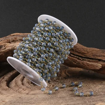 

Frosted Blue Glass Raondelle Beads Chains,4x6mm,Wire Wrapped Brass Links Necklace Jewelry,5Meters/lot