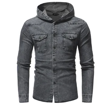 

Men'S Fashion Shirt Cotton Full Sleeve Hooded Demin Shirt Man Casual Streetwear Chest Pocket Design Cowboy Shirt