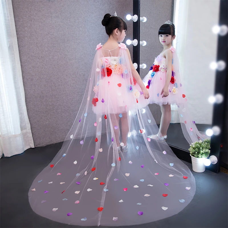 

New Korean Sweet Children Girls Pink Princess Appliques Flowers Decoration Dress Summer Kids Sleeveless Birthday Wedding Dress