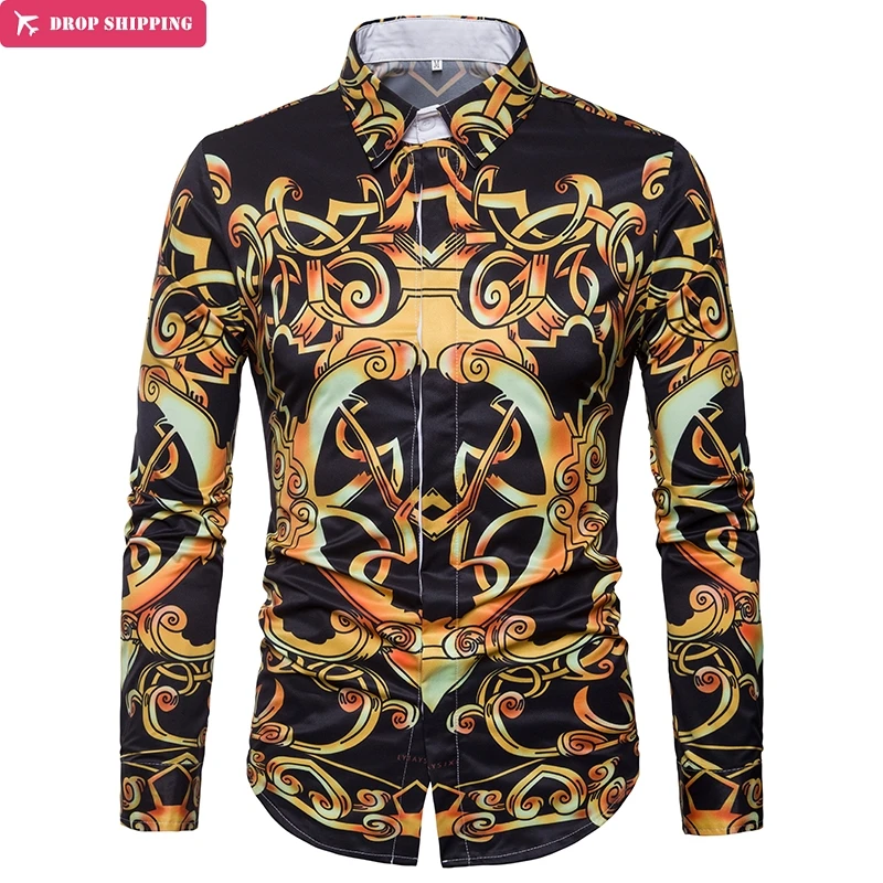 

DropshippingLuxury Design Gold Floral Print Men's Dress Shirts New Slim Fit Long Sleeve Shirt Men Casual Stylish Chemise Homme