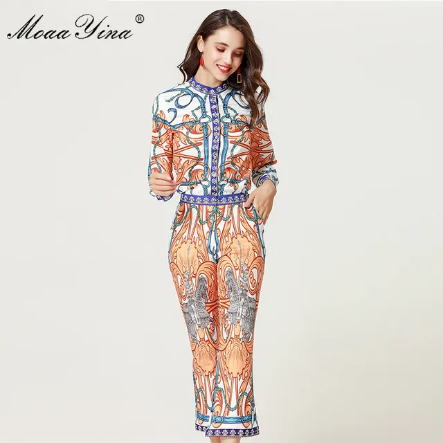 Cheap MoaaYina 2018 Fashion Designer Set Spring Women Long sleeve Vintage Stripe Print Elegant Blouse+3/4 pants Two-piece suit Cheap MoaaYina 2018 Fashion Designer Set Spring Women Long sleeve Vintage Stripe Print Elegant Blouse+3/4 pants Two-piece suit