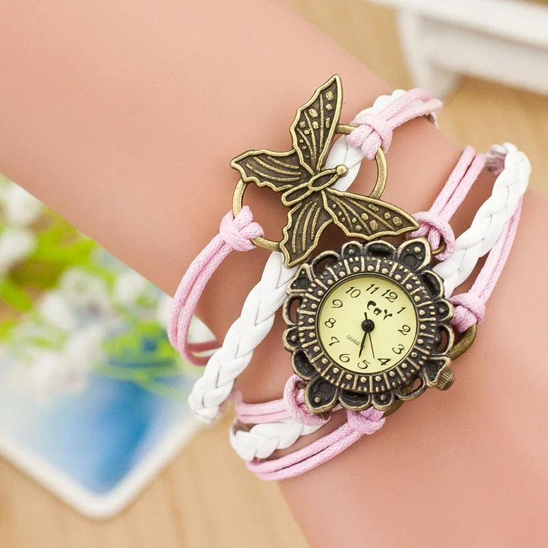 

Fashion Retro Copper Butterfly Leather Weave Band Cuff Vingle Bangle Bracelet Wristwatches Watch Reloj for Women Ladies Female