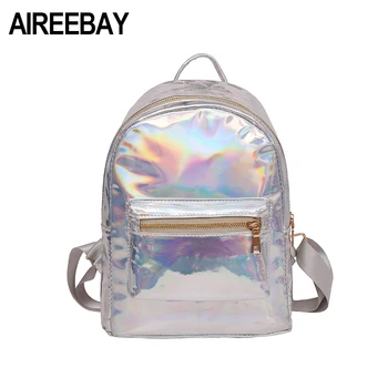 

AIREEBAY Small hologram backpack Female Mini Holographic Backpacks for teenage girls Silver Laser Bag PU Leather School Bags