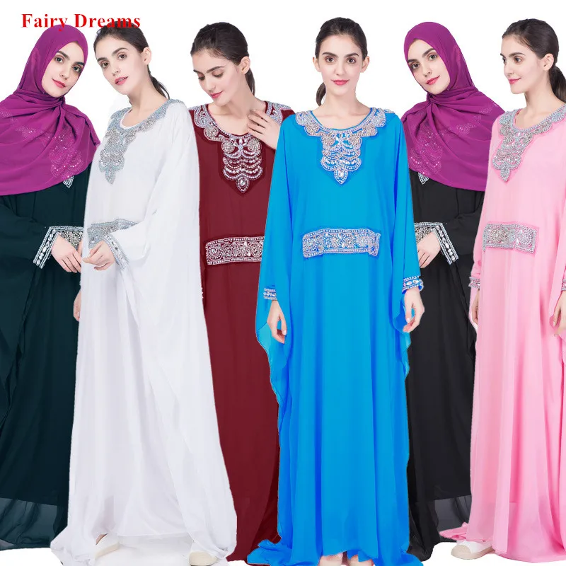 

Women Abaya Kimono Dubai Islamic Clothing Chiffon Maxi Muslim Dress Diamonds Beaded Ukraine Bangladesh Kaftan Turkey Loose Robe