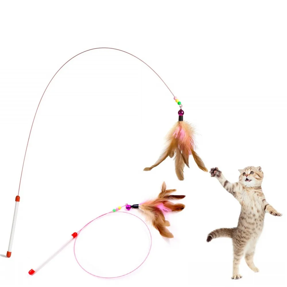 Забавный перо котёнок Кот Игрушка стальная проволока перо Прорезыватель бусы колокольчик игровой питомец палочка теребные палочки для кошек интерактивные