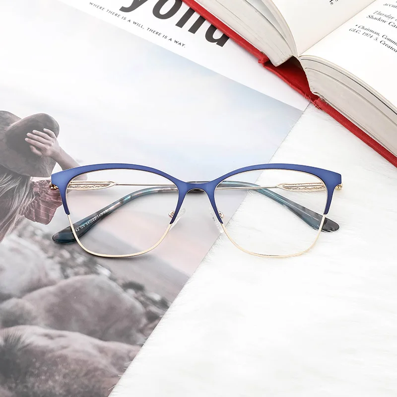 Metal Women Spectacle frame New Design Optical Prescription Glasses Frame Clear lens Blue Color Eyeglasses#3742