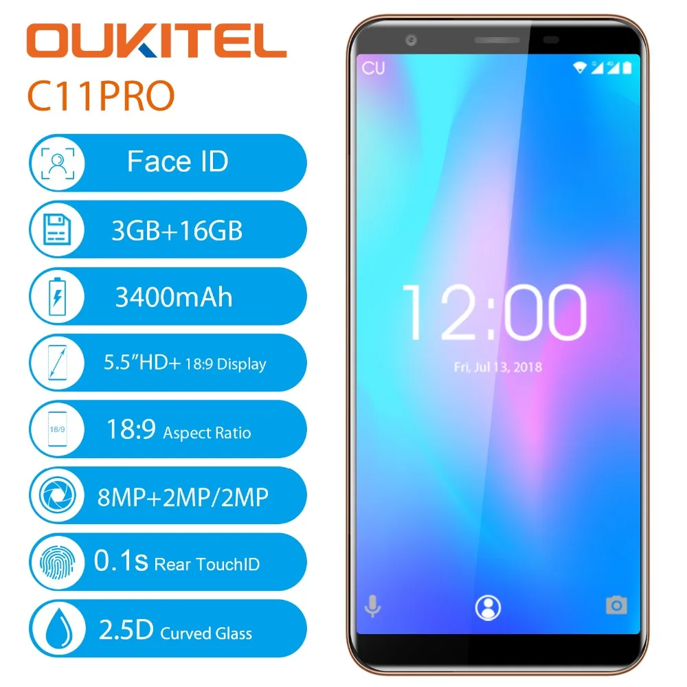OUKITEL C11 Pro 5,5 дюймов 18:9 дисплей Android 8,1 мобильный телефон четырехъядерный 3G ram 16G rom 4G LTE 3400mAh 8.0MP смартфон