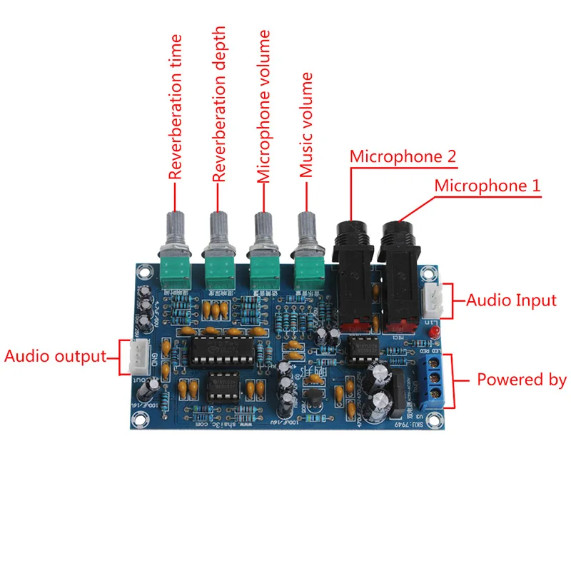 Двухмощный микрофон усилитель доска звуковой усилитель цифровой реверберации пластины