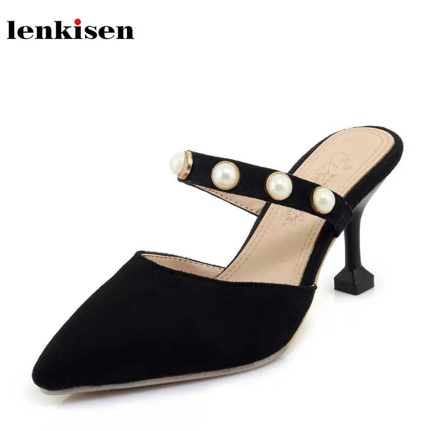 

Lenkisen new pointed toe pearl princess style high heels pumps slingbacks high street fashion younger mature women shoes L3f7