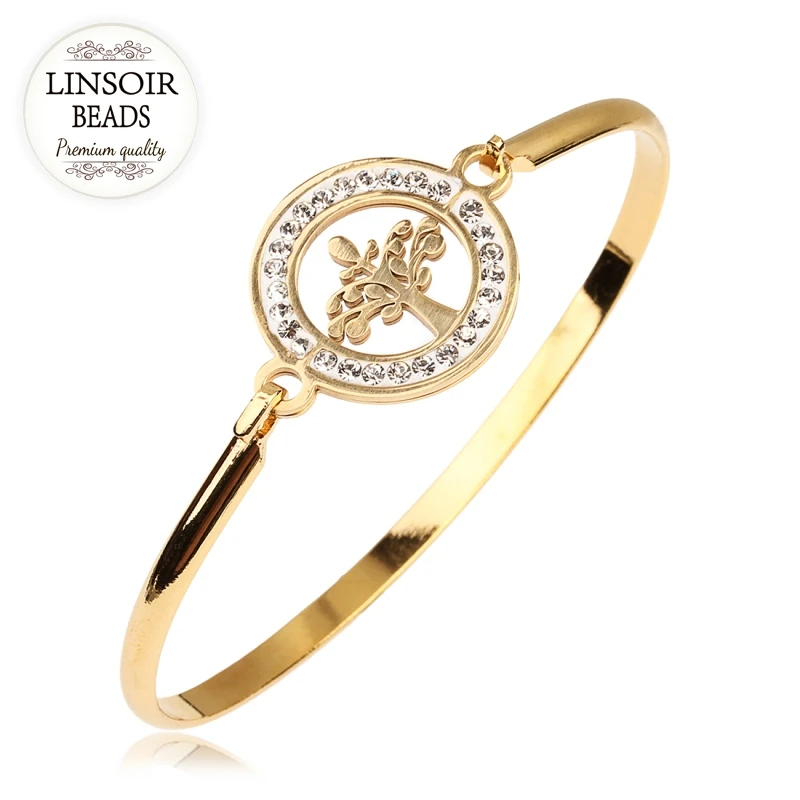 

LINSOIR Stainless Steel Gold Bangles Women Charm Bracelets & Bangles Life Tree Lucky Crystal Charm Bangle Gift