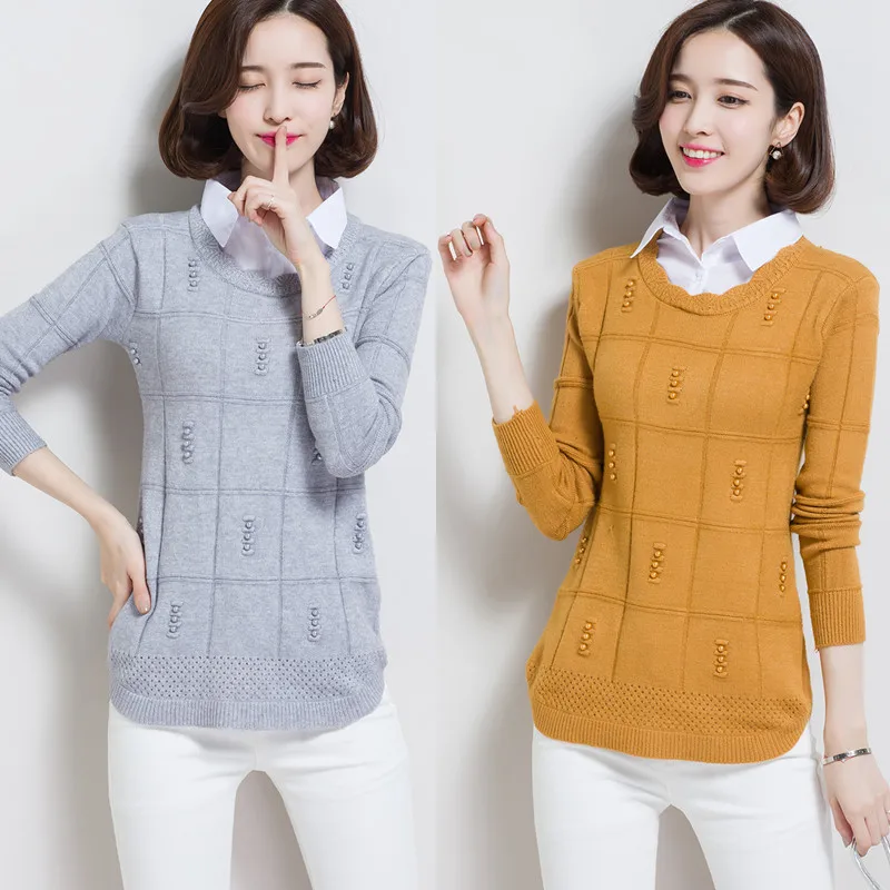 

Fashion 2019 Autumn Shirt collar Sweater Women Long Sleeve Casual Beading Fake Two Pieces Knitted Sweater Pullover Women Tops