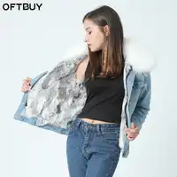 Merk 2019 nieuwe herfst winter jas jas vrouwen Gaten Denim jas echte grote wasbeer bontkraag echt konijnenbont dikke warm Liner