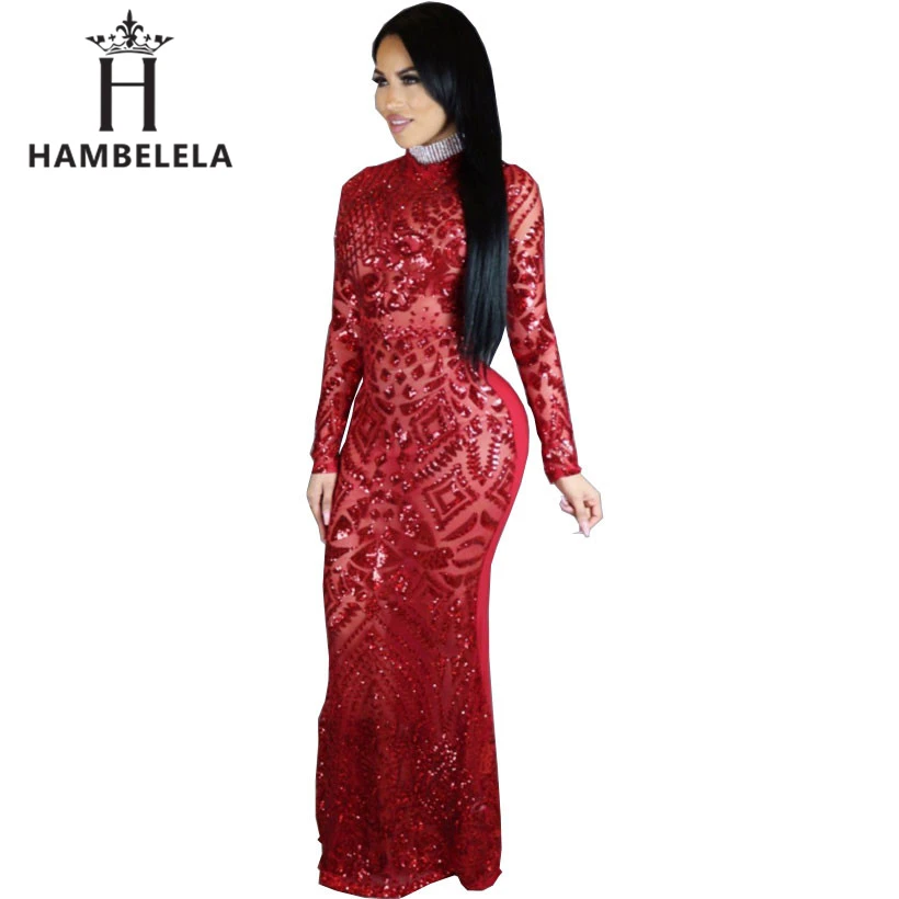 

HAMBELELA 2018 Sexy Turtleneck Long Sleeve Sequined Party Dress Floor Length Full Sleeved Bodycon Black Maxi Dress Evening Gown