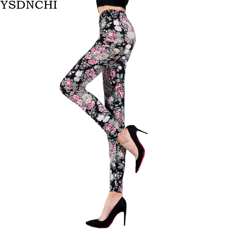 

YSDNCHI Women Clothes 2019 Printed Legging Exercise Elastic Leggins Flower High Waist Pants Push Up Legging Leggins Fitness Pant