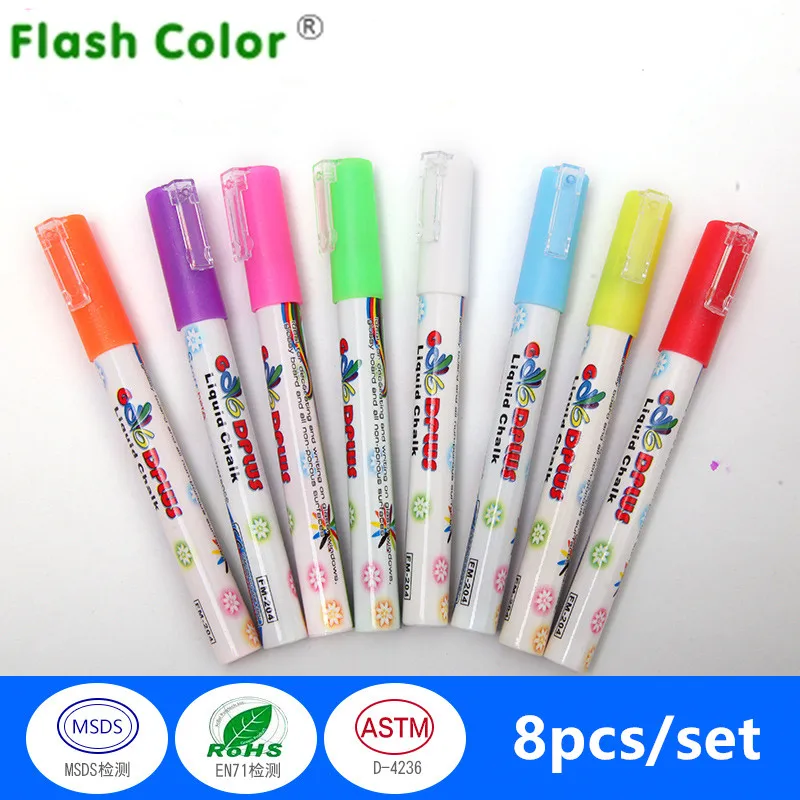 

Flashcolor 1set(8pcs) Top quality colorful Fluorescent highlighter Liquid Chalk Marker Pen 3mm 8 colors for LED Writing Board