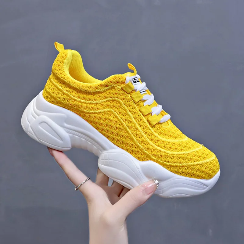 

2019 High Top Fashion Sneakers Women Breathable Knit Upper Platform Shoes Tenis Feminino Casual Shoes Women White Black Yellow