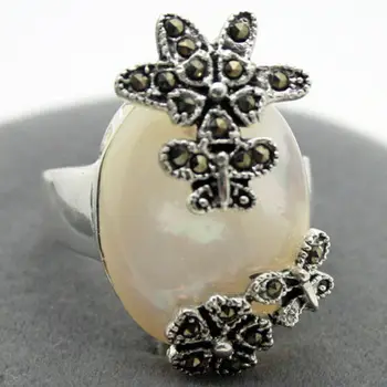 

noble 28*15mm 925 Silver Natural White Sea Shell Marcasite Size 7/8/9/10