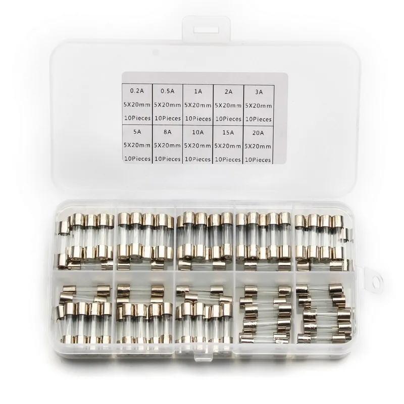 

100pcs/Set 5x20mm Fast-blow Glass 0.2A/0.5A/1A/2A/3A/5A/8A/10A/15A/20A 250V Quick Blow Glass Tube Fuse Kit Assortment with Box